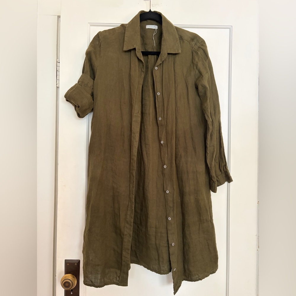 Relaxed Olive Green Linen Midi Shirt Dress